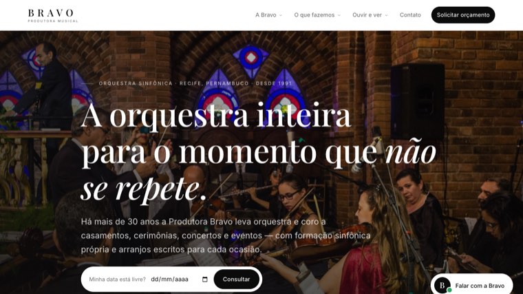 Prévia do site da Produtora Bravo: orquestra tocando numa igreja e o campo para consultar se a data está livre.