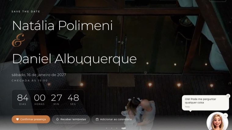 Página inicial do site do casamento de Natália e Daniel, com contagem regressiva, botão de confirmar presença e a assistente de IA no canto.